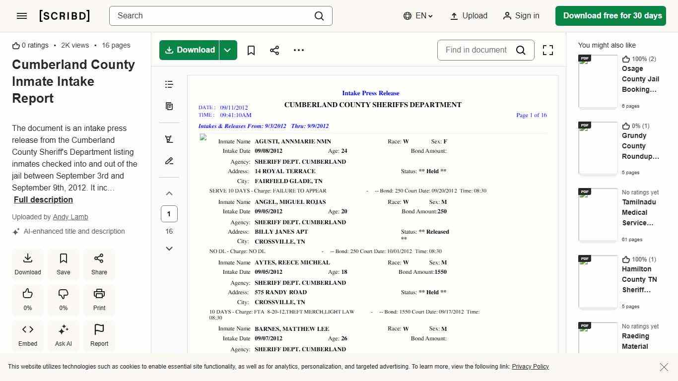 Cumberland County Inmate Intake Report PDF Probation Common Law